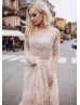 Long Sleeves Blush Lace Tulle Wedding Dress